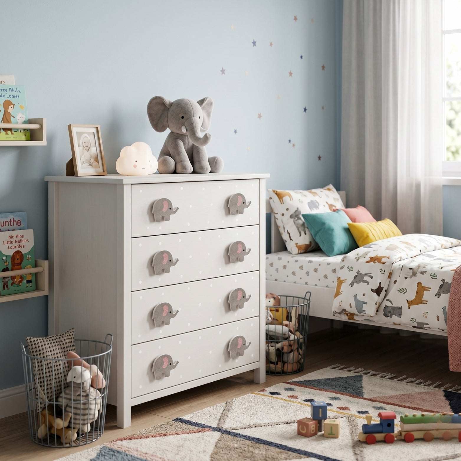 Small elephant cabinet knobs installed on a white 4-drawer kids room chest available at SS Hardware Bangalore