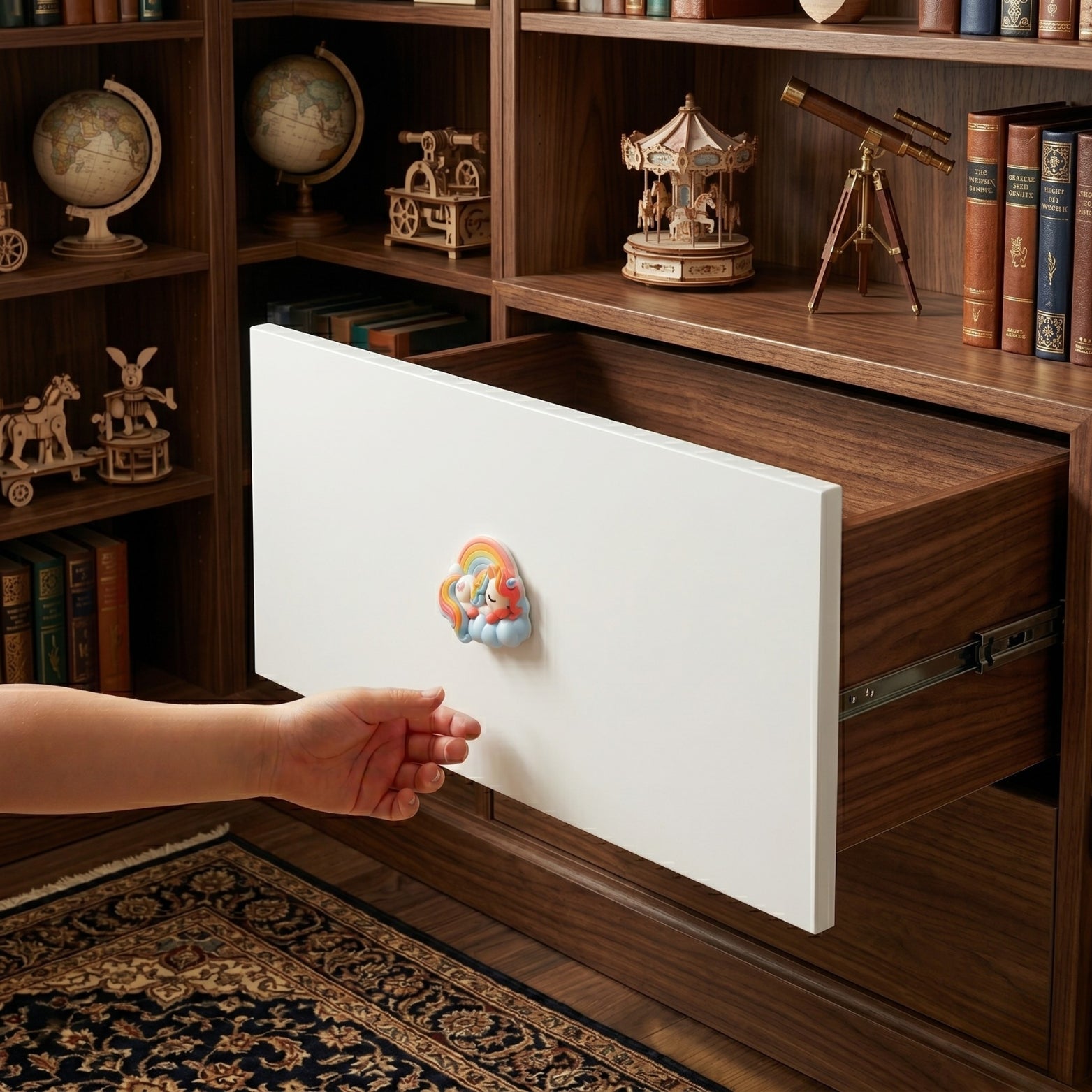 Close up view of the colorful sleeping rainbow unicorn acrylic knob mounted on a light wood nursery chest of drawers