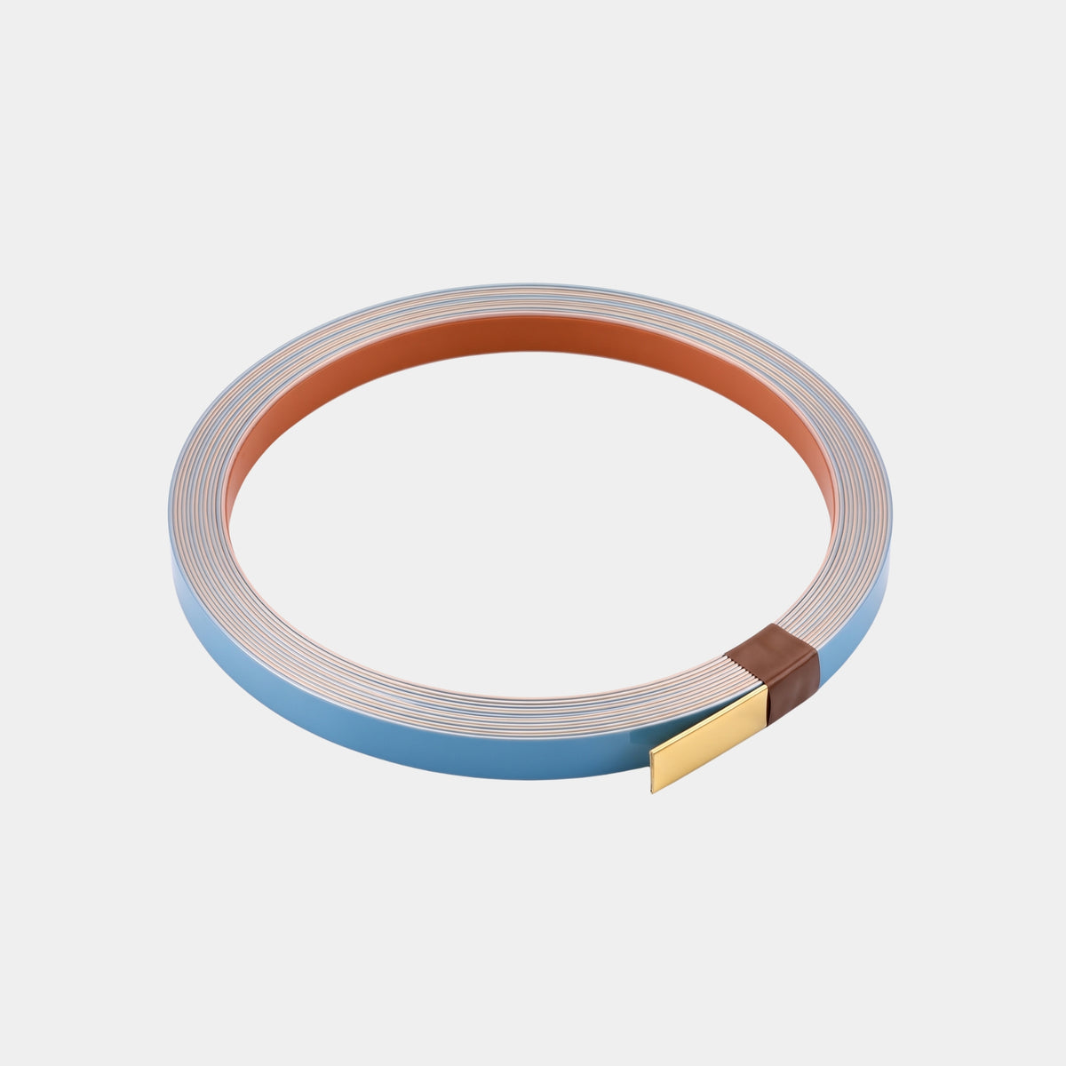 A coiled 5-meter roll of Hardware Depot self-adhesive decorative aluminium strip showing the protective blue film and exposed gold finish.
