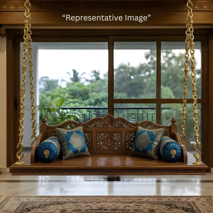 Representative image showcasing heavy duty solid brass swing chain clamps installed on a traditional wooden jhula in a residential living space