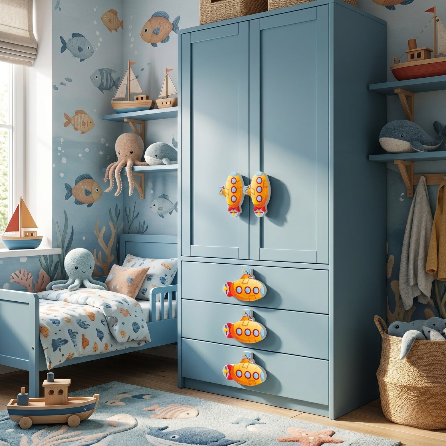 Yellow submarine cabinet pulls and wardrobe handles installed on a blue modular kids room closet wardrobe
