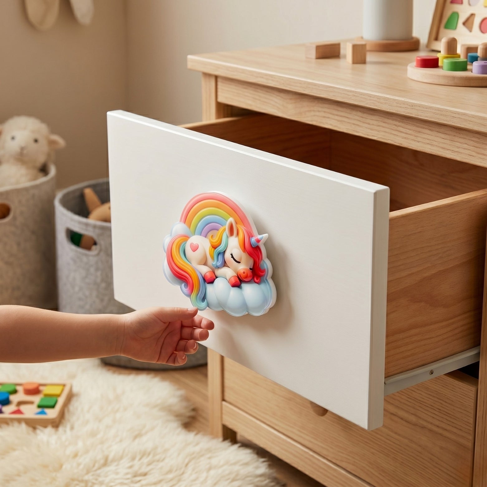 Premium white acrylic unicorn handle installed on a clean white kid's study desk drawer bought from Hardware Depot
