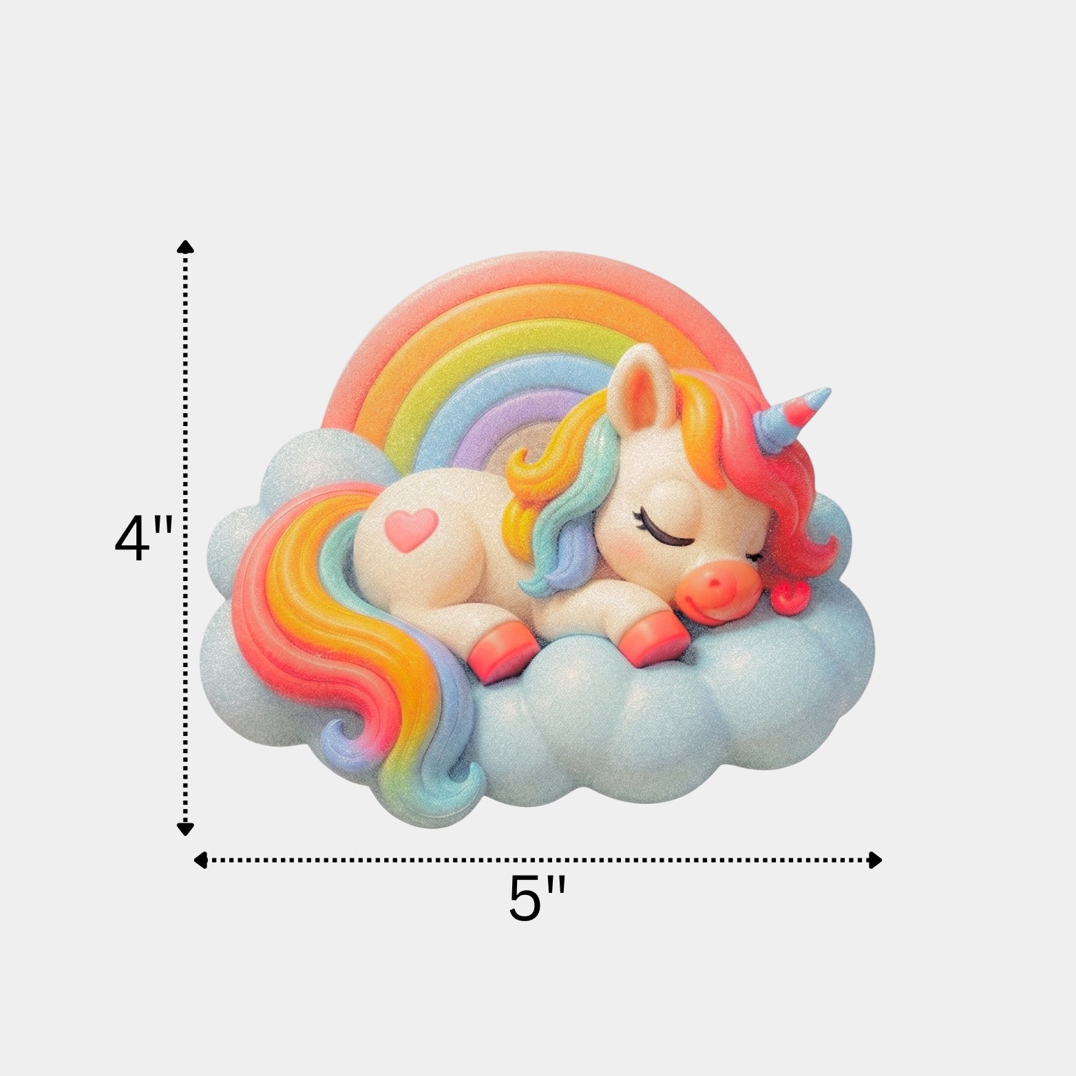 Technical dimension chart of the large statement variant unicorn wardrobe handle measuring 5 inches wide by 4 inches