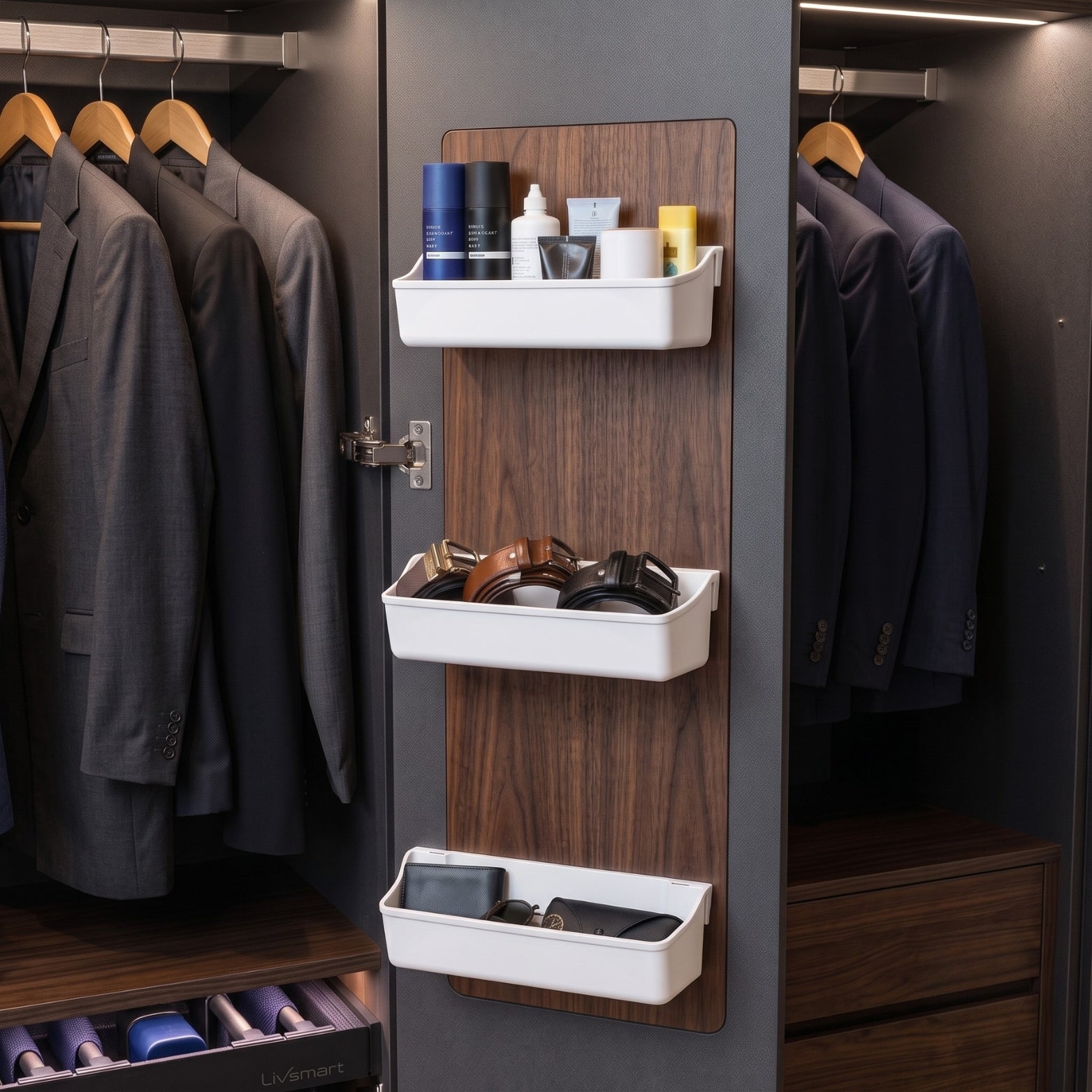 White clip-on door shelf trays installed inside a wardrobe holding perfumes, belts, and accessories by Hardware Depot