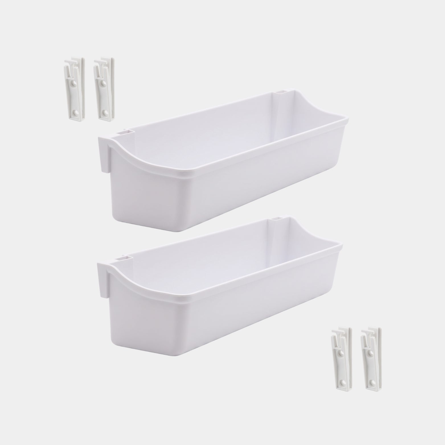 Set of 2 white clip-on multi-utility cabinet shelf trays with mounting hardware from Hardware Depot