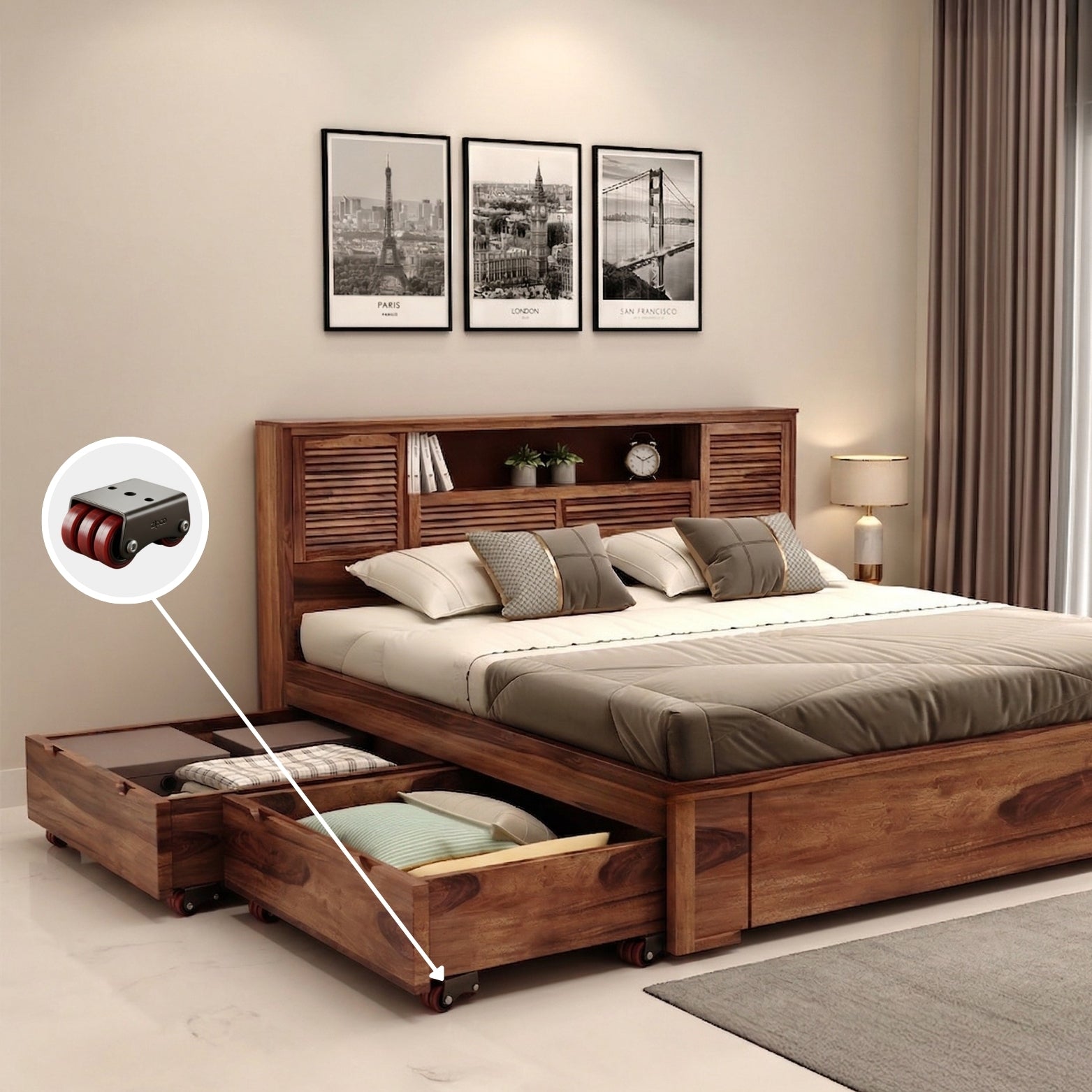 Under-bed drawer storage with 6-wheel PU casters installed