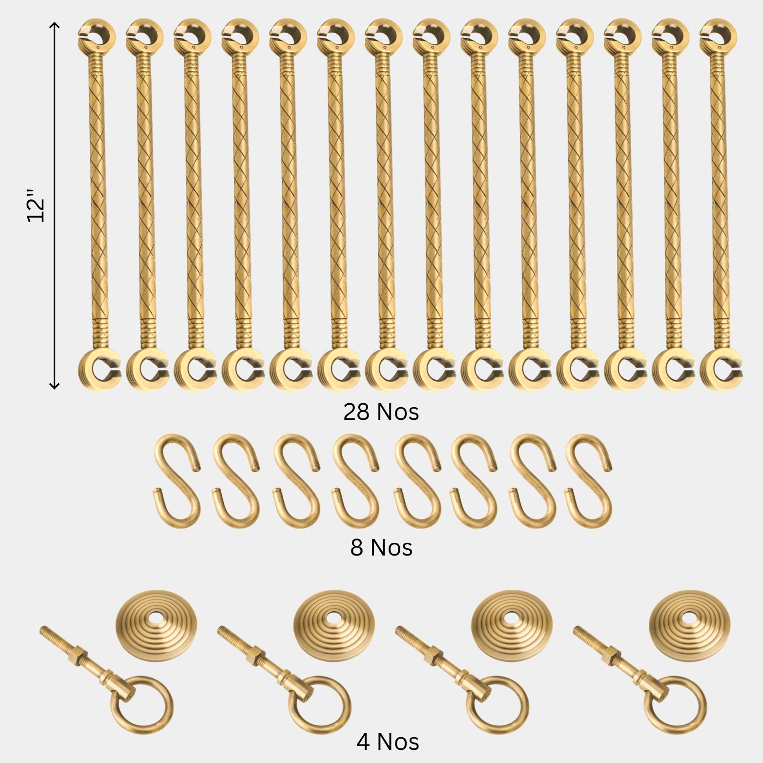 Set of 8 heavy-duty solid brass S-hooks designed for secure ceiling attachment and swing base connection for 4-line jhoolas
