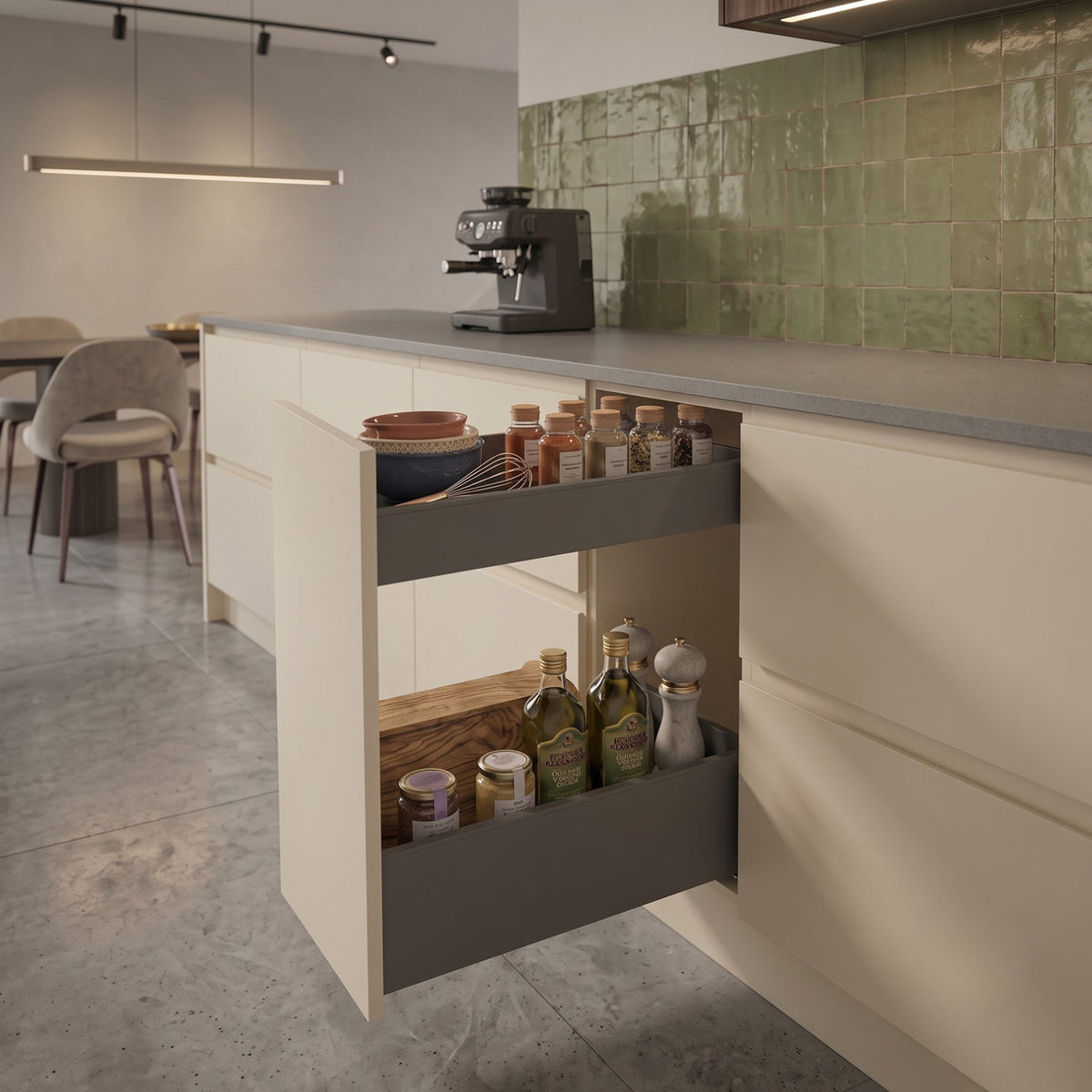 Hettich AvanTech YOU two-tier narrow pullout system in Anthracite finish, maximizing spice and oil storage within a light-colored modular kitchen cabinet. Shop this premium architectural hardware at Hardware Depot.