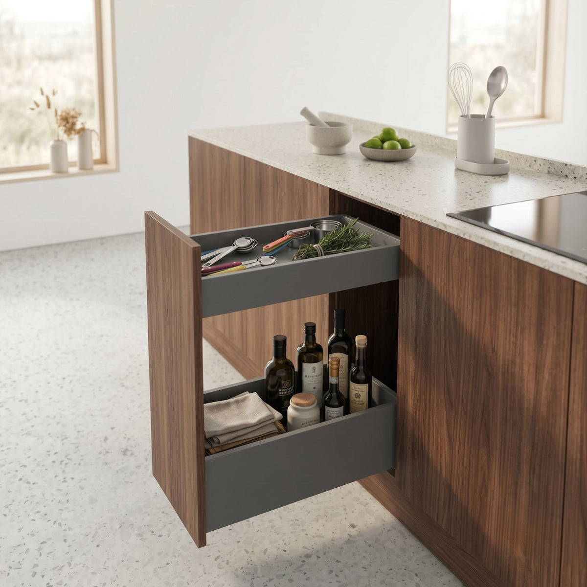 Hettich AvanTech YOU narrow pullout system in Anthracite finish installed in a modern wood kitchen cabinet, showcasing two-tier space-saving storage for bottles and utensils. Available at Hardware Depot.
