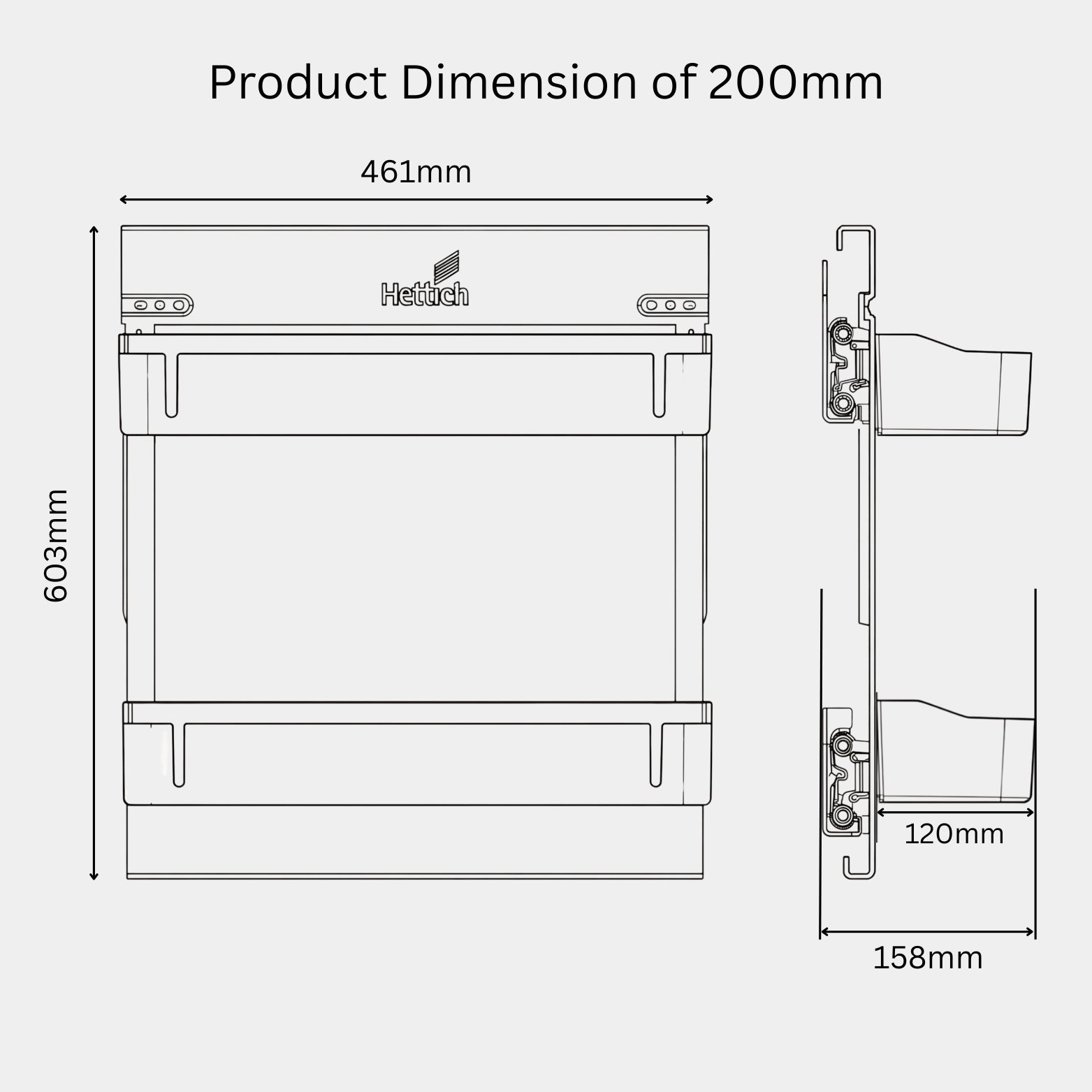 Technical dimensions of Hettich 200mm bottle pullout organizer