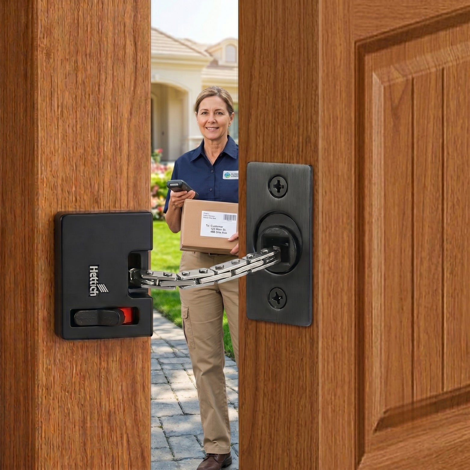 Hettich HDC 1 concealed security door chain in black finish installed on a wooden apartment door in Bangalore, holding the door securely open for a delivery package