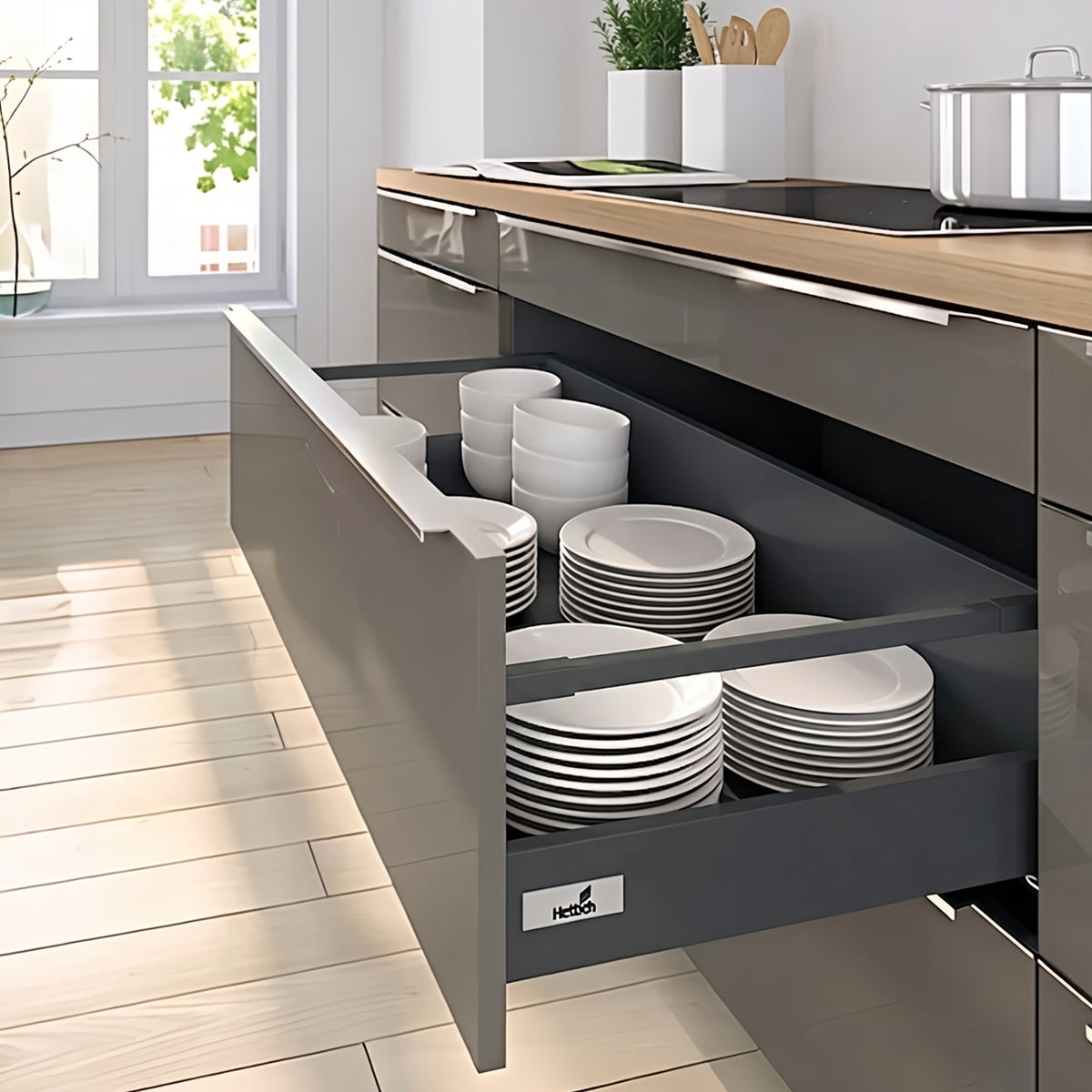 Hettich InnoTech Atira pot and pan drawer system in Anthracite finish, shown fully extended and loaded with plates and bowls in a modern kitchen