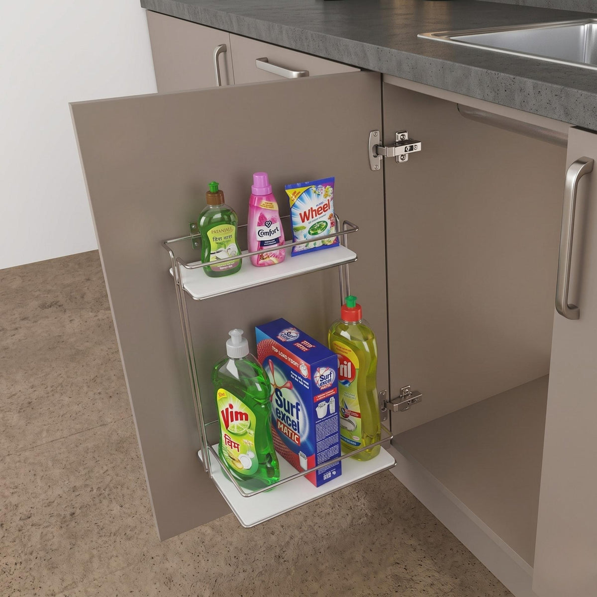 Hettich under sink detergent pull out installed on kitchen cabinet door holding cleaning supplies