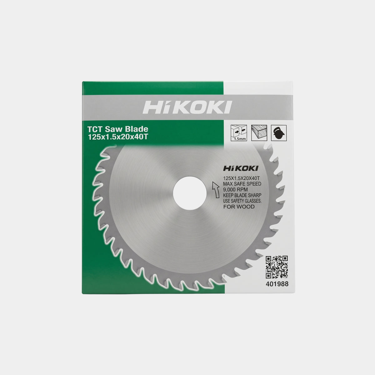 HiKOKI 125x1.5x20x40T circular saw blade box showing 9000 RPM max speed