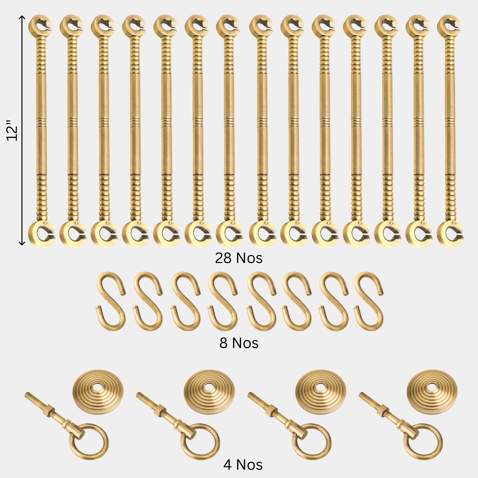 Close-up of 12-inch interlocking solid brass rods with a polished antique finish for adjustable height indoor swing suspension