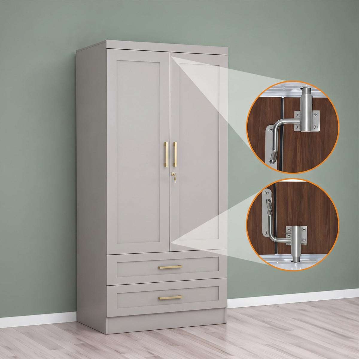 Kent automatic tower bolt installed on a modern wardrobe with spotlight callouts showing top and bottom mechanisms