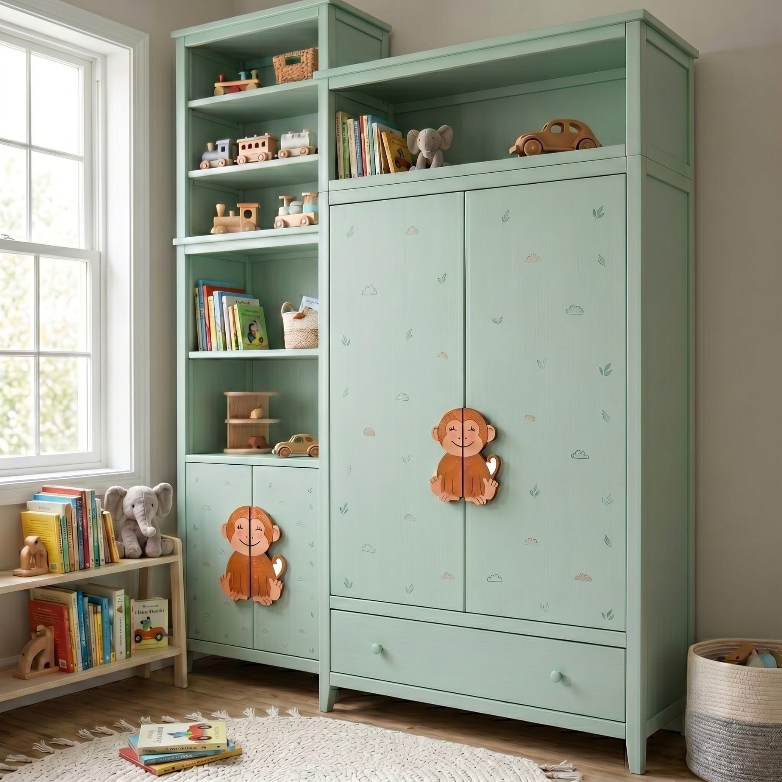 Premium kids room mint green wardrobe fitted with split monkey handles and drawer knobs
