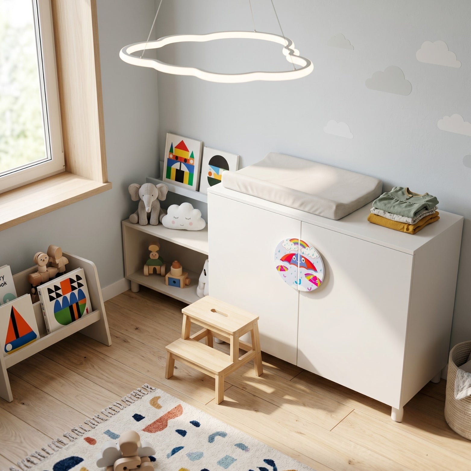 Split circle rain theme handles installed on a white nursery wardrobe cabinet