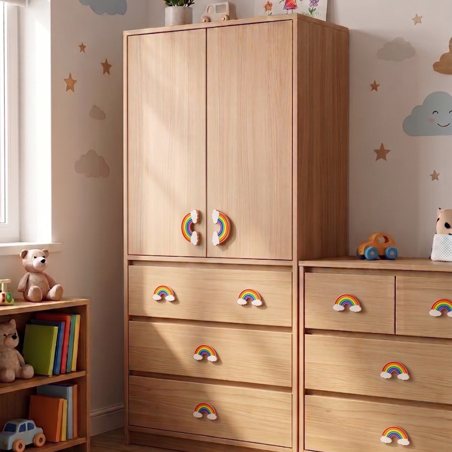 Kids room wooden wardrobe cabinet and drawers fitted with large and small rainbow cloud acrylic handles from SS Hardware Bangalore