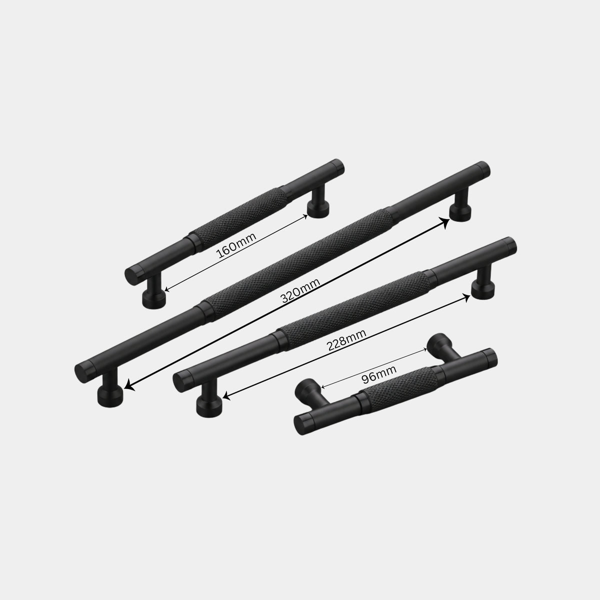 A product image showcasing four black, linear cabinet handles with a distinct diamond-knurled central grip pattern. The handles are shown in four different lengths with measurement overlays: 160mm, 320mm, 228mm, and 96mm.