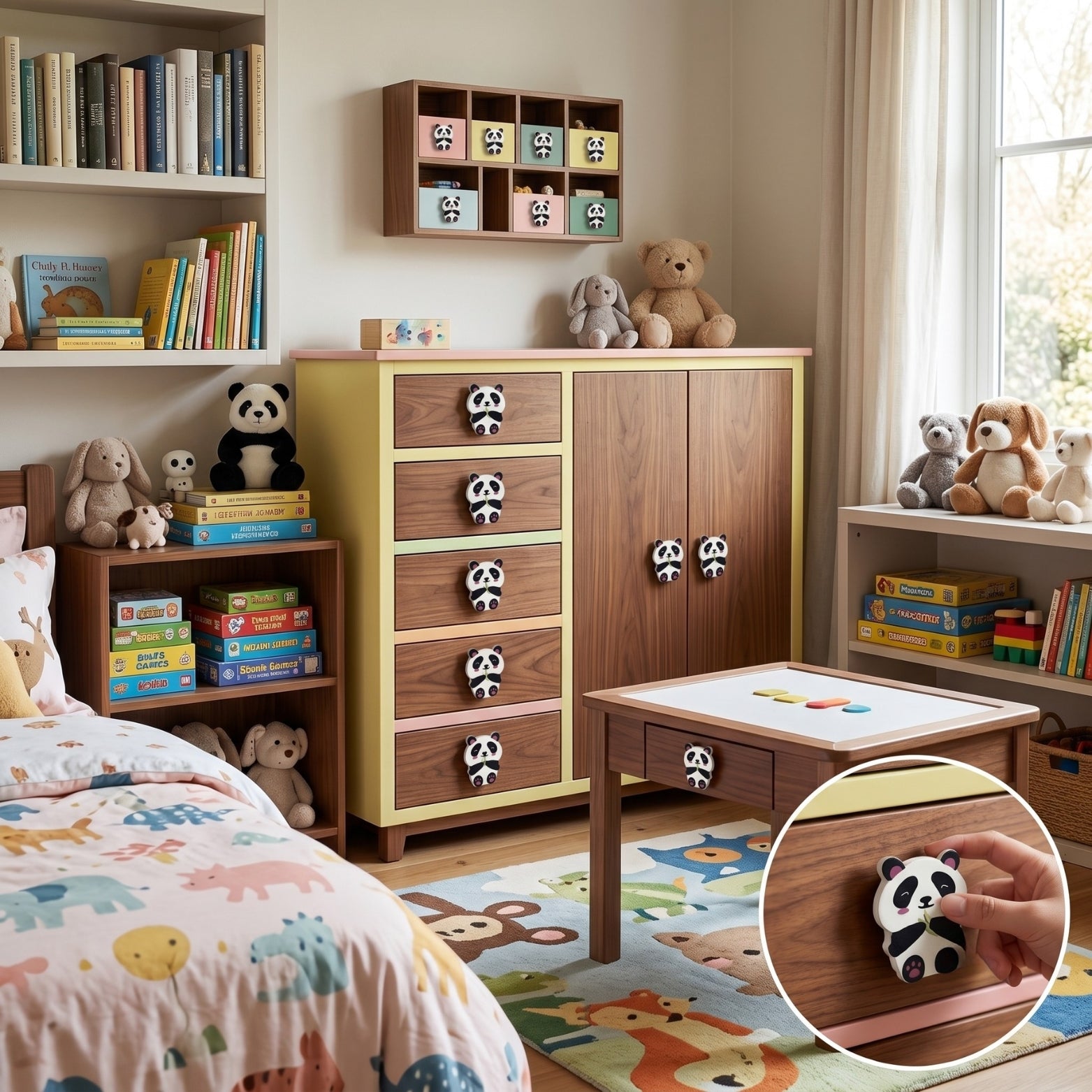 Premium kids room interior setup featuring panda themed wardrobe handles and drawer knobs from SS Hardware Bangalore
