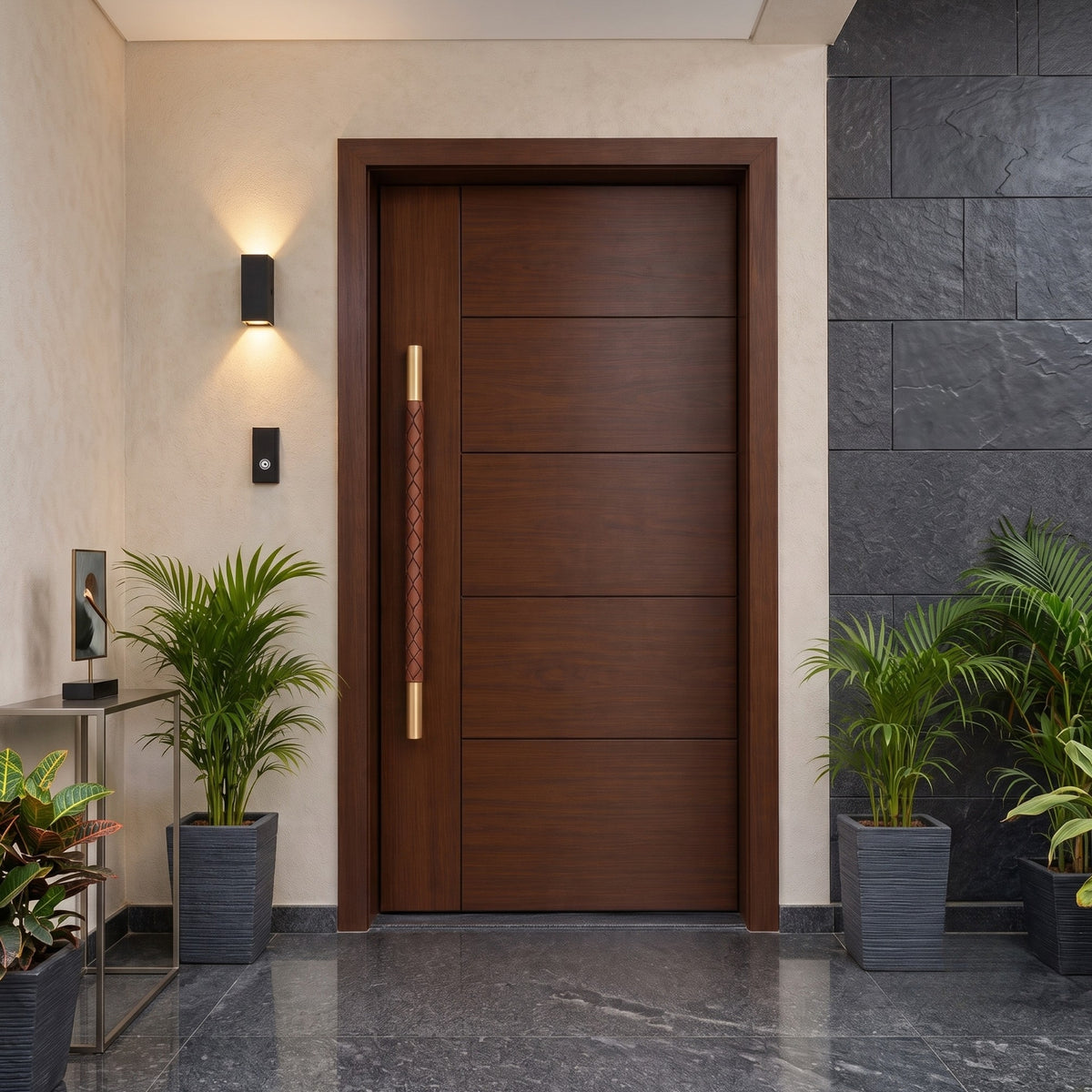 The premium wood and steel door handle installed on a modern, dark wooden residential main door, available at Hardware Depot.