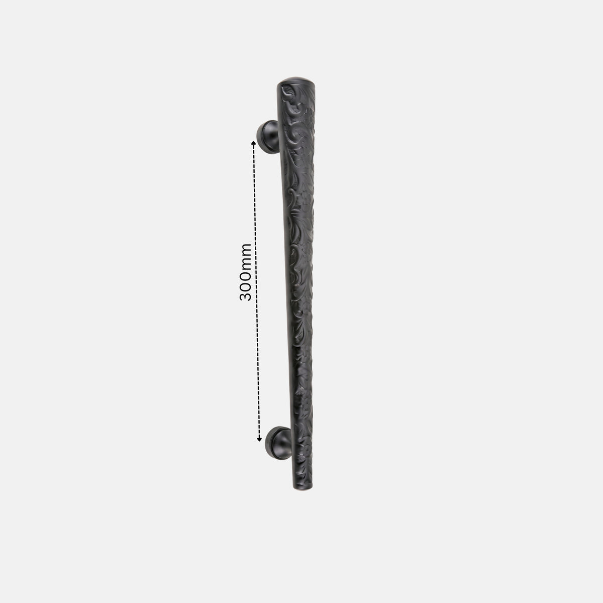 Matte black finish Jewel Collection main door handle showing a 300mm hole center measurement from Hardware Depot.