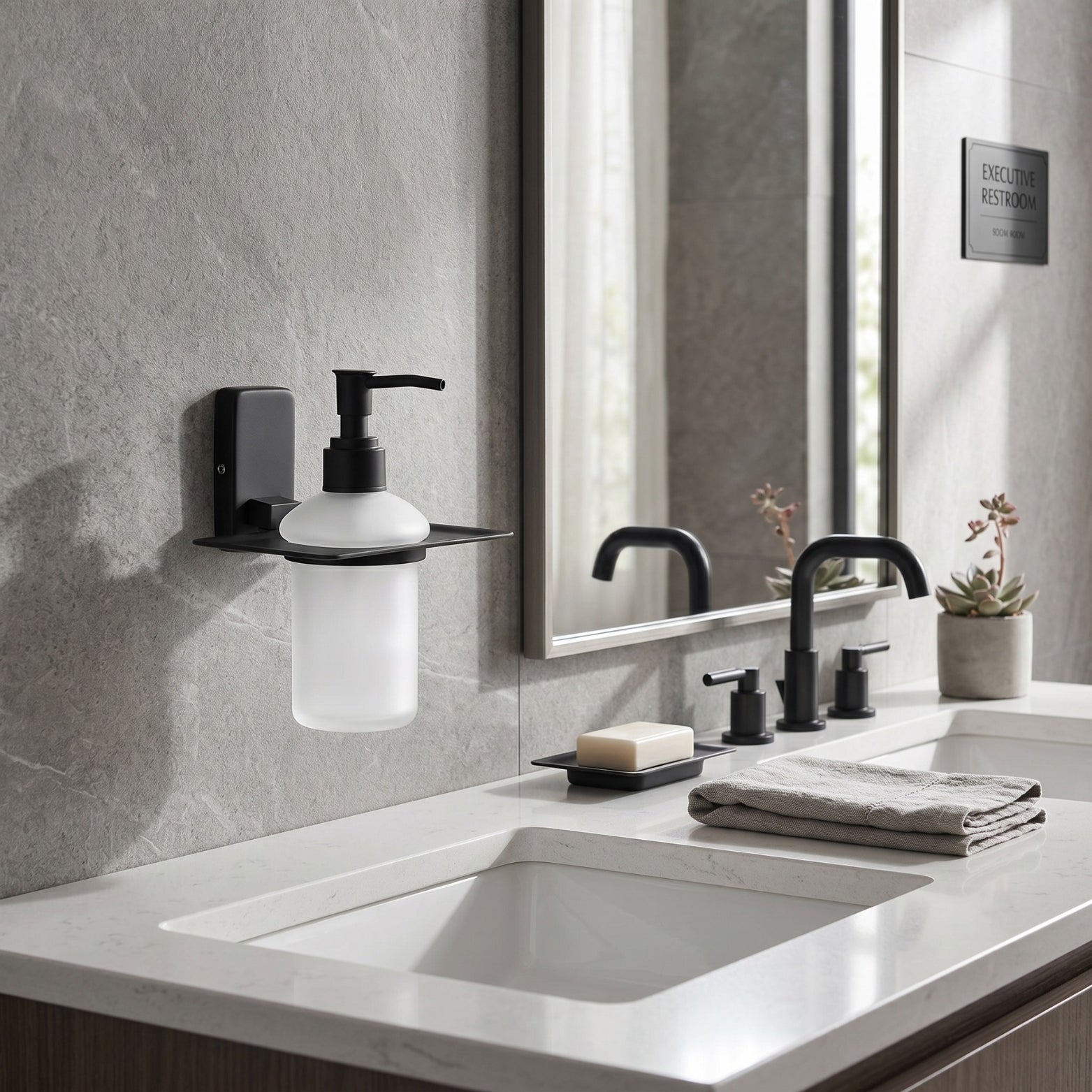 Premium matte black Sparrow liquid soap dispenser with frosted glass container mounted next to a modern bathroom mirror and washbasin at SS Hardware shop