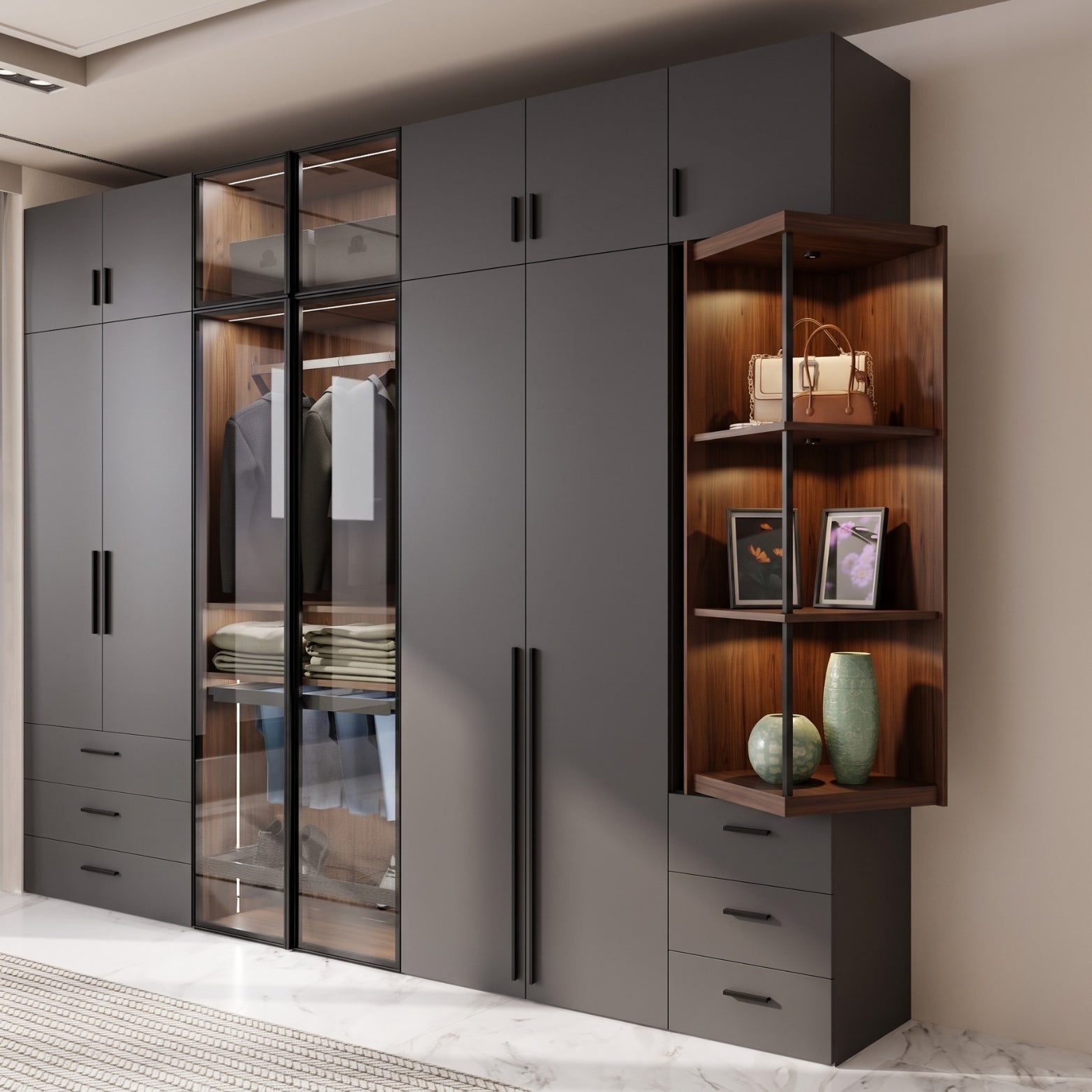 Luxury modern matte grey wardrobe showcasing the Ebco Spinova 360 mechanism. Features integrated LED lighting, clear glass display sections, and a side-mounted wooden rotating unit maximizing storage concealment.