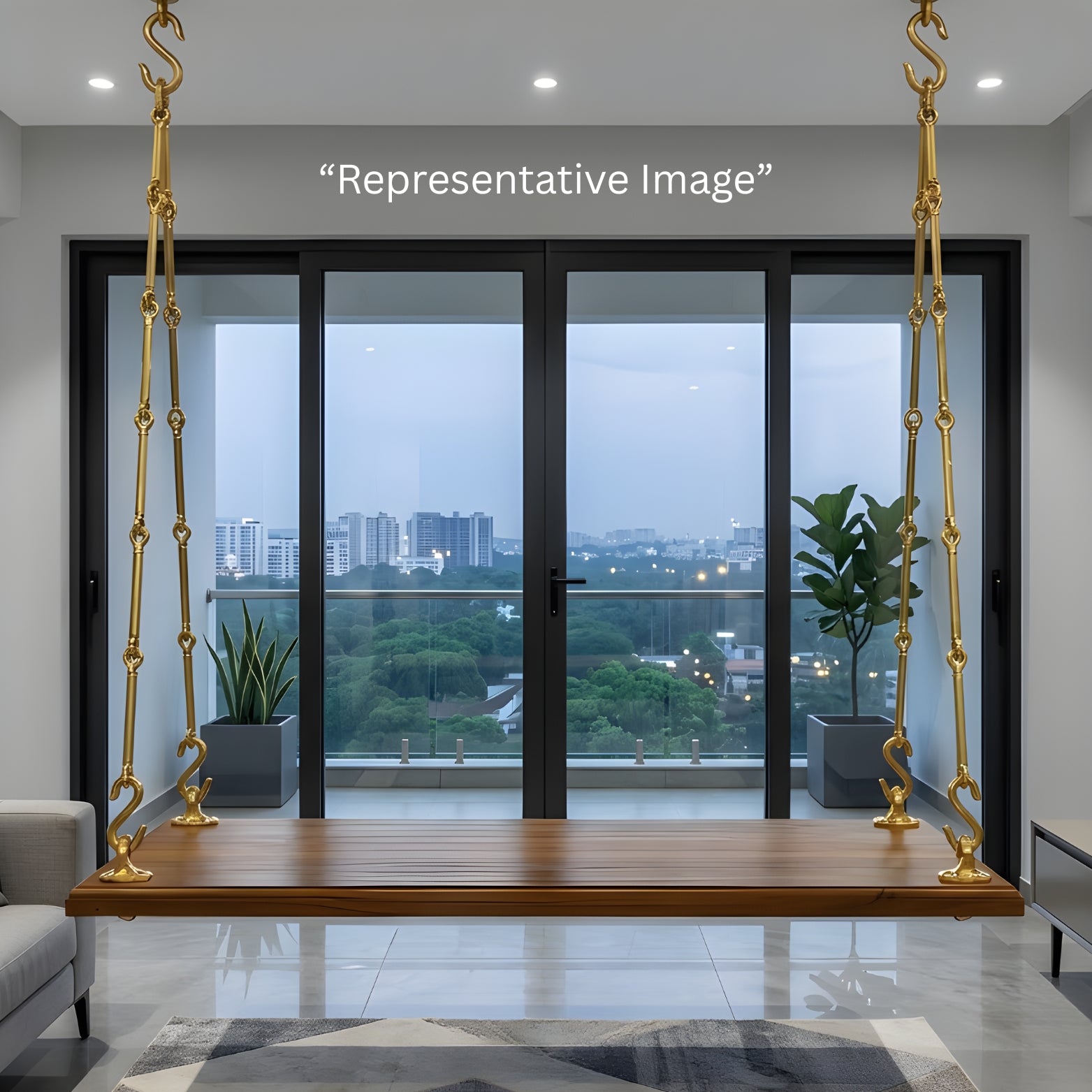 modern wooden zulla (swing) installed in an apartment living hall featuring polished brass hanging hardware and a city skyline balcony view