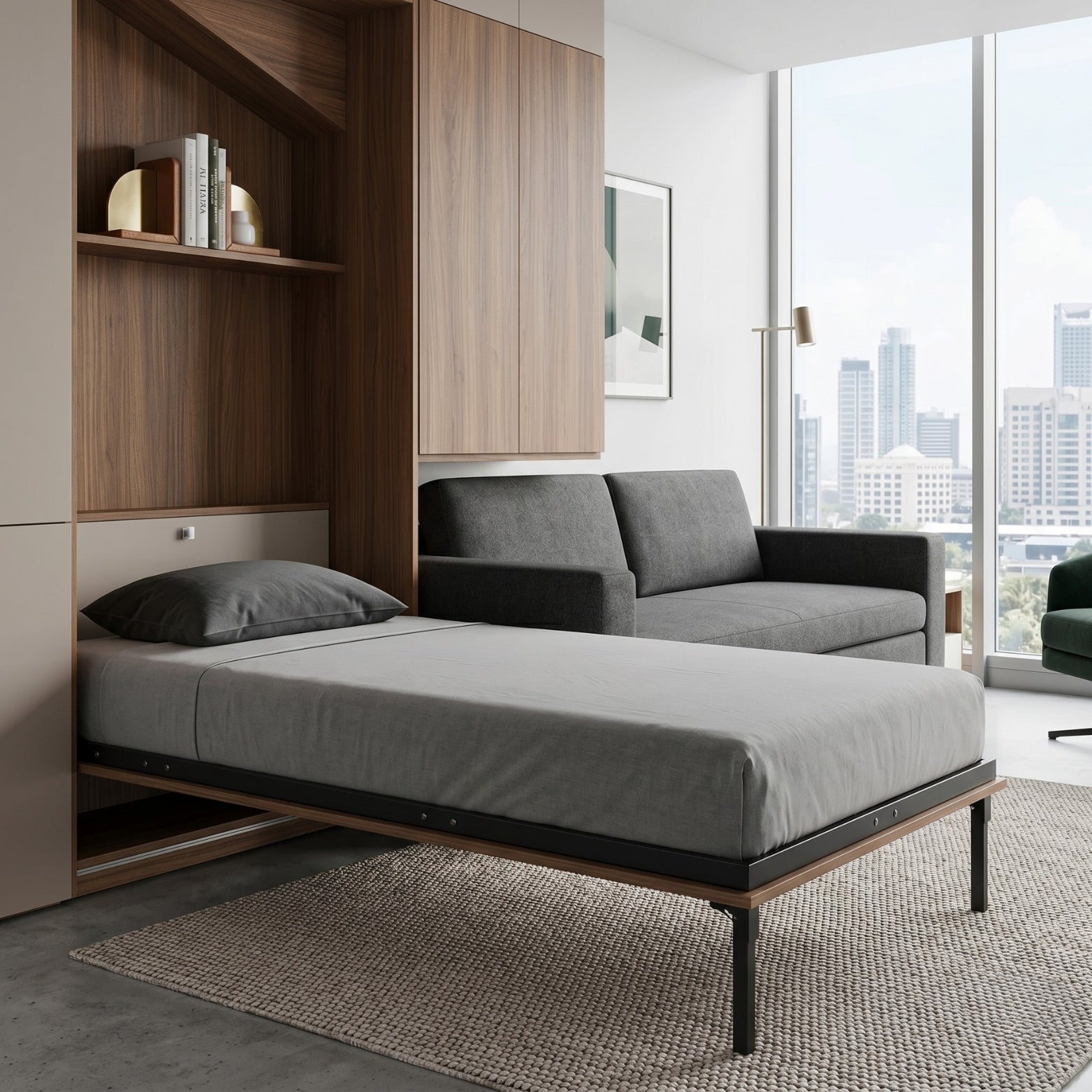 High-end modular interior layout showing a space-saving single hidden wall bed extended beside a sofa.