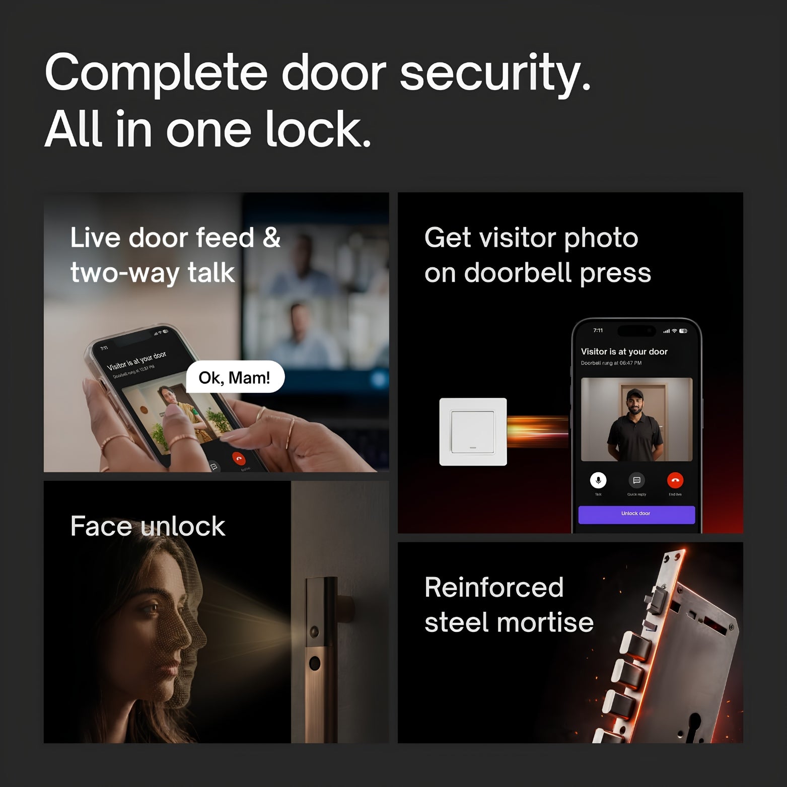 A four-quadrant feature summary infographic displaying live two-way video communication, an app photo notification via a doorbell press, a side-profile visualization of a woman using 3D face recognition with a mocha finish lock, and a close-up of a reinforced steel five-bolt mortise lock mechanism. Text on image reads: "Complete door security. All in one lock. Live door feed & two-way talk. Get visitor photo on doorbell press. Face unlock. Reinforced steel mortise