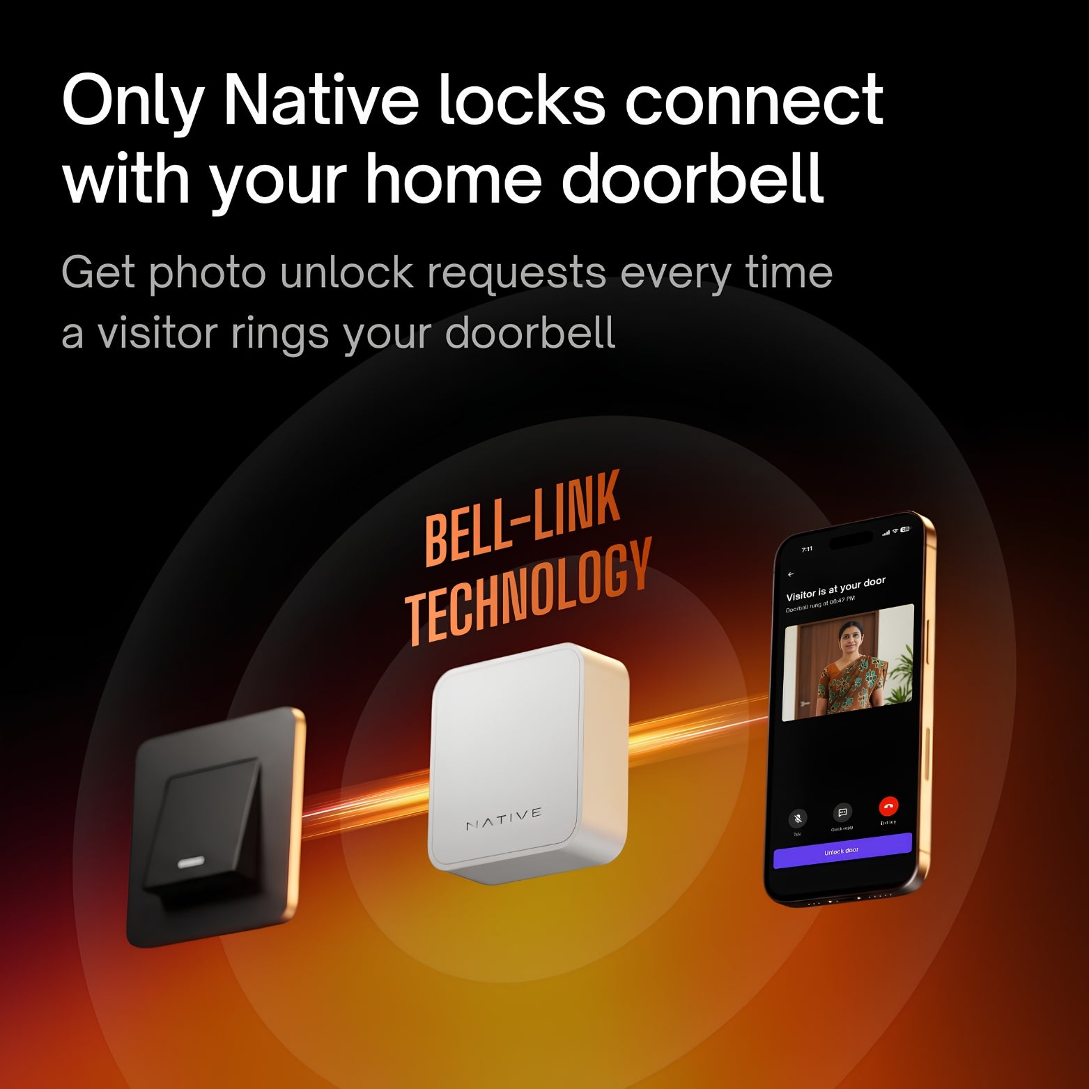 Diagram showing Bell-Link technology ecosystem connecting a physical doorbell switch, a white Native wireless hub, and a smartphone displaying a live video feed of a visitor. Text on image reads: "Only Native locks connect with your home doorbell. Get photo unlock requests every time a visitor rings your doorbell. Bell-Link Technology