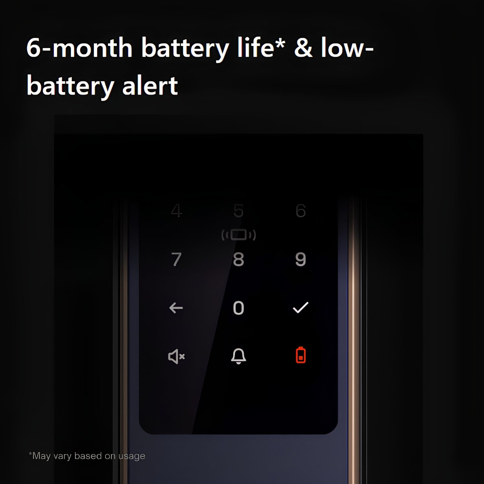 Illuminated touchscreen keypad of a digital smart lock displaying numbers and a red glowing low battery alert icon