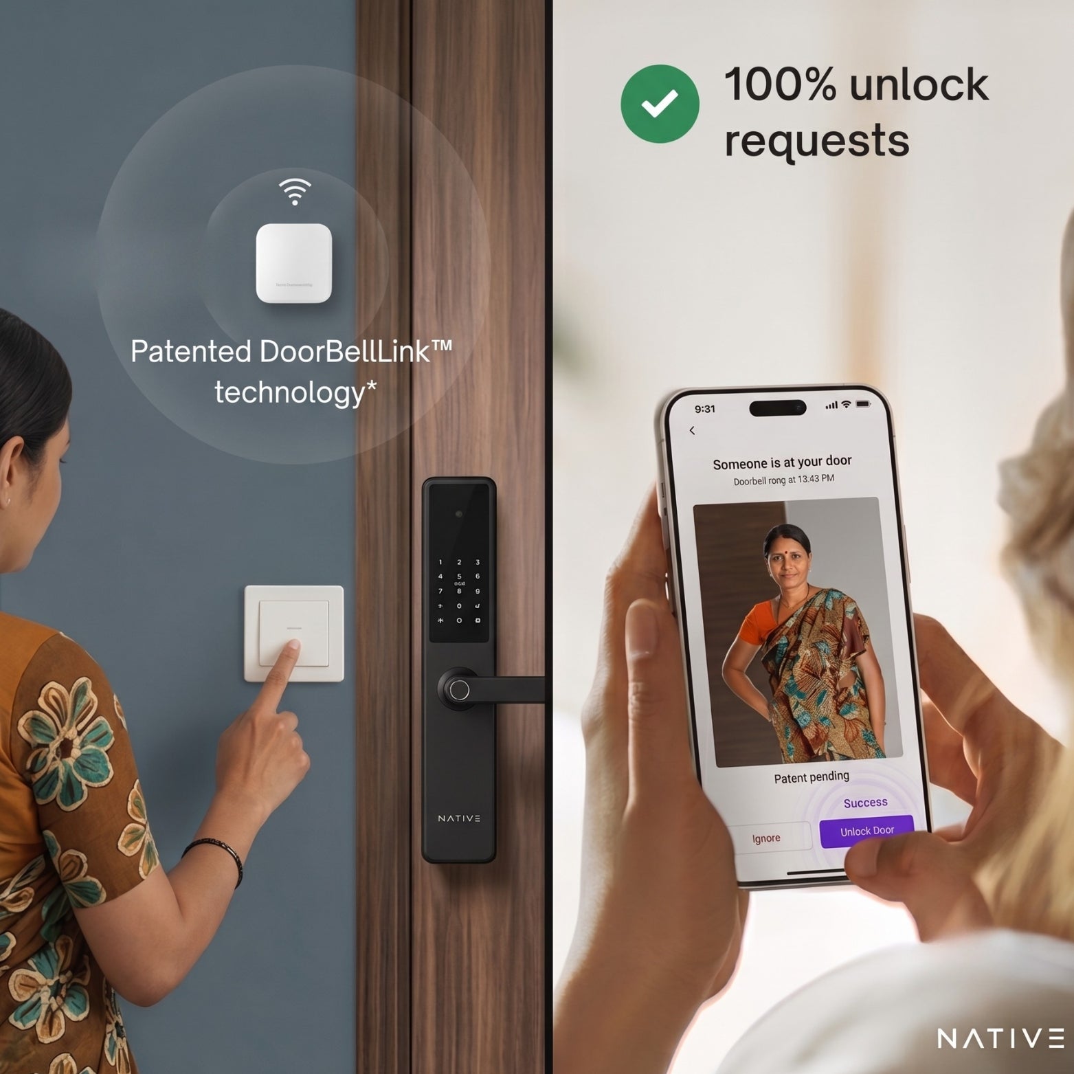 Split view showing a woman ringing a wireless doorbell link switch and a user checking a smartphone app screen with a visitor video feed to unlock the door remotely