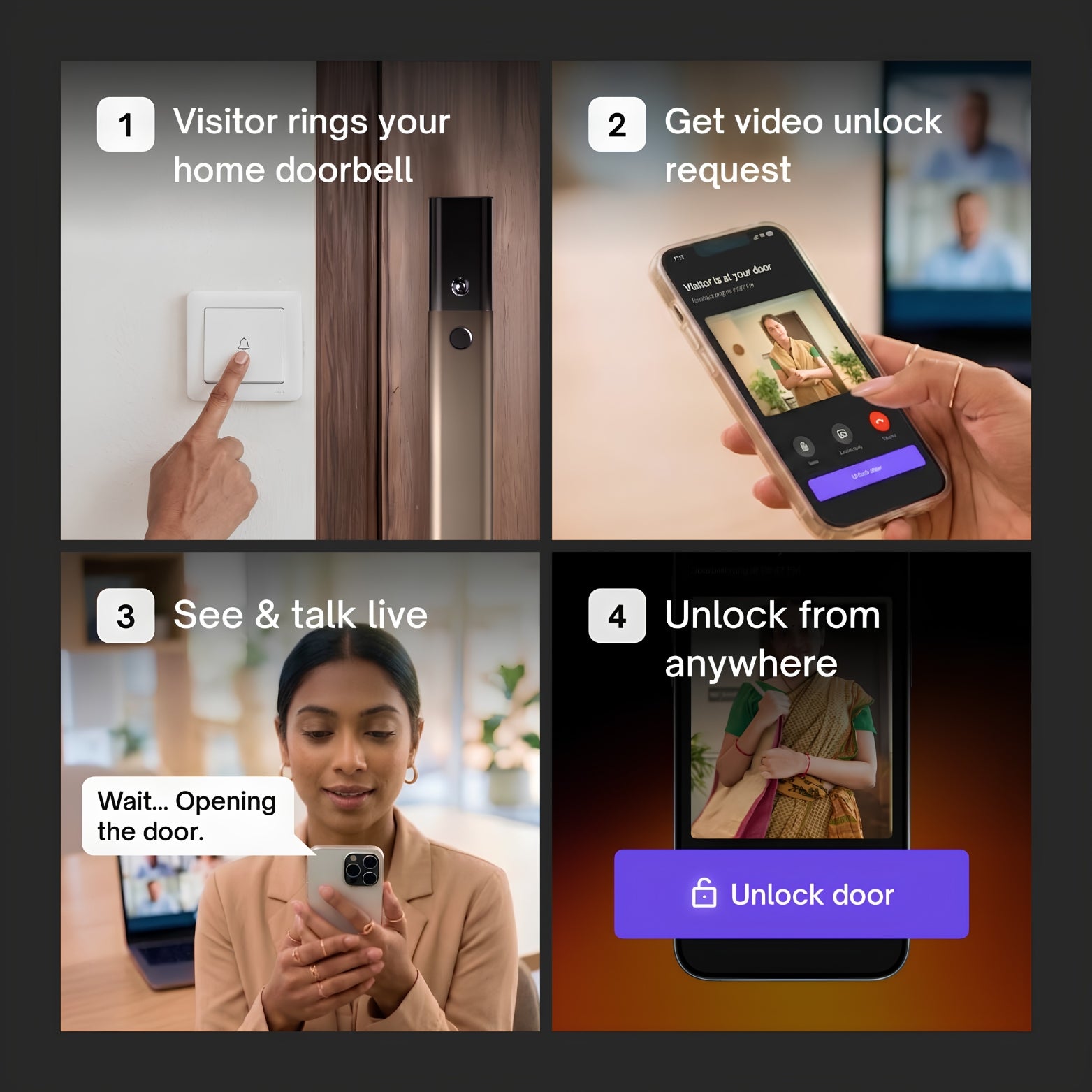 A step-by-step numbered workflow diagram showing a finger pressing a wall doorbell next to a mocha smart lock, an app notification appearing on a phone screen, a woman speaking on her smartphone while checking the live camera feed, and a final remote unlock activation button interface. Text on image reads: "1. Visitor rings your home doorbell. 2. Get video unlock request. 3. See & talk live. 4. Unlock from anywhere
