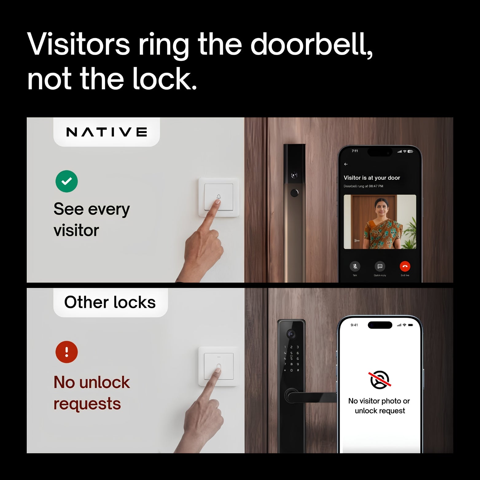 Split-screen comparison diagram. The top panel shows the mocha finish Native smart lock system successfully sending a visitor photo alert to a smartphone when a home doorbell is pressed. The bottom panel shows an ordinary smart lock setup failing to send unlock or photo requests from a traditional doorbell. Text on image reads: "Visitors ring the doorbell, not the lock. Native: See every visitor. Other locks: No unlock requests. No visitor photo or unlock request
