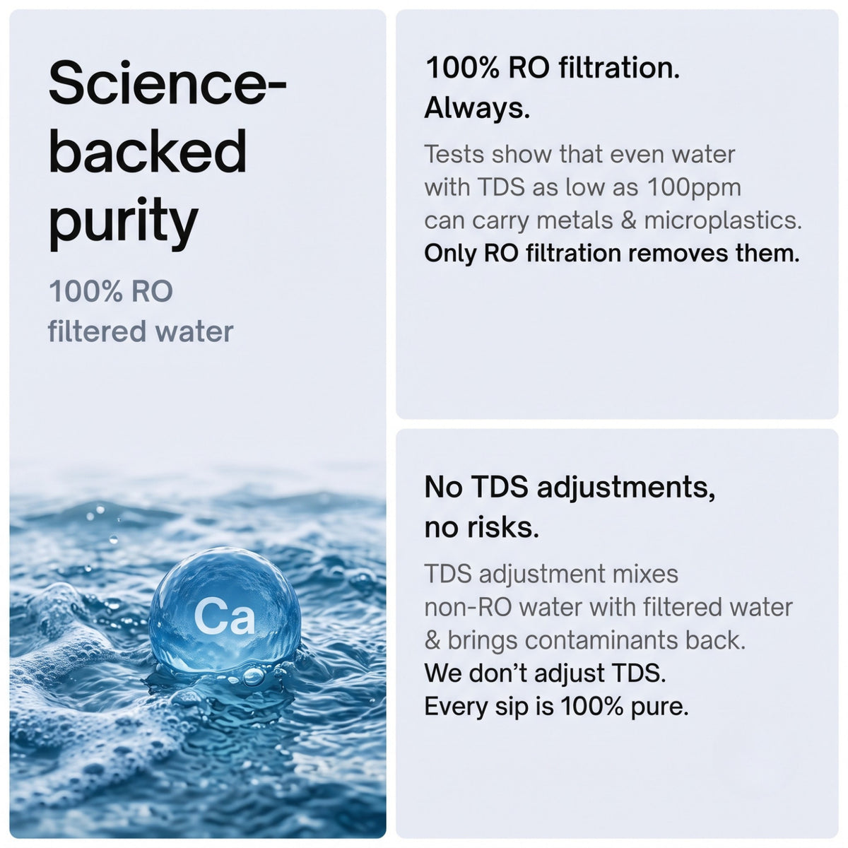 Science-backed purity of Native M0 guaranteeing 100 percent RO filtered water with no risky TDS adjustments.