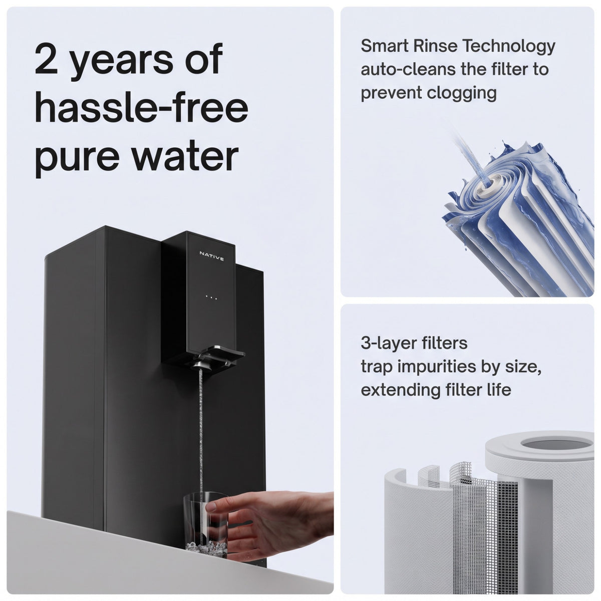 Native M0 dispensing pure water featuring smart rinse technology and 3-layer filters for 2 years of hassle-free use.
