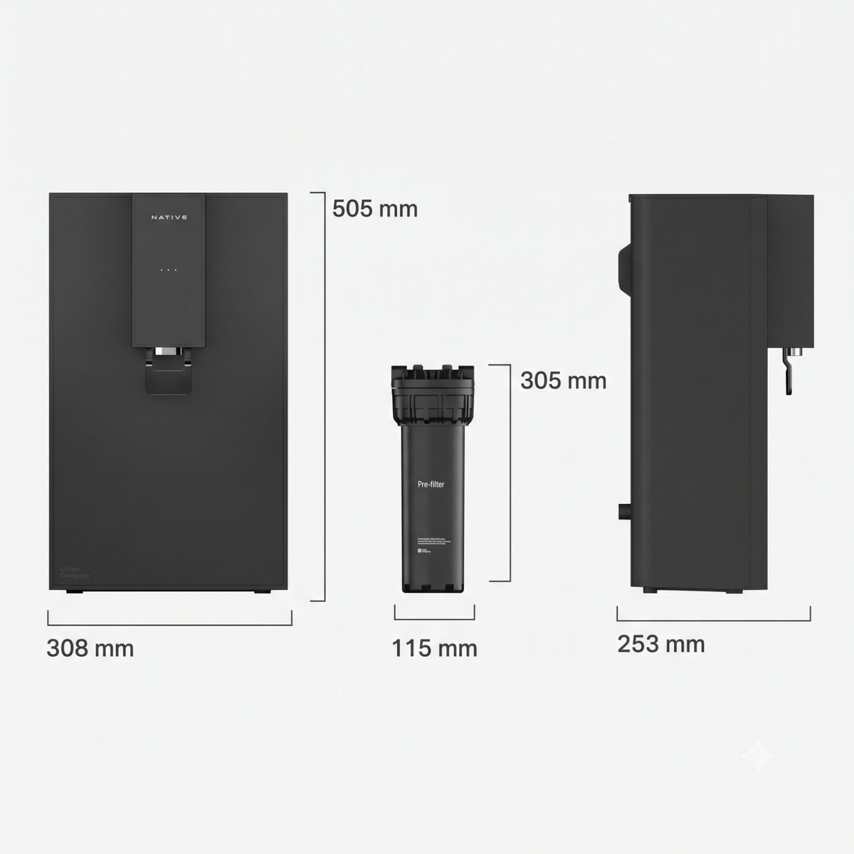 Exact product dimensions of Native M0 Water Purifier showing height, width, and depth measurements alongside the pre-filter.
