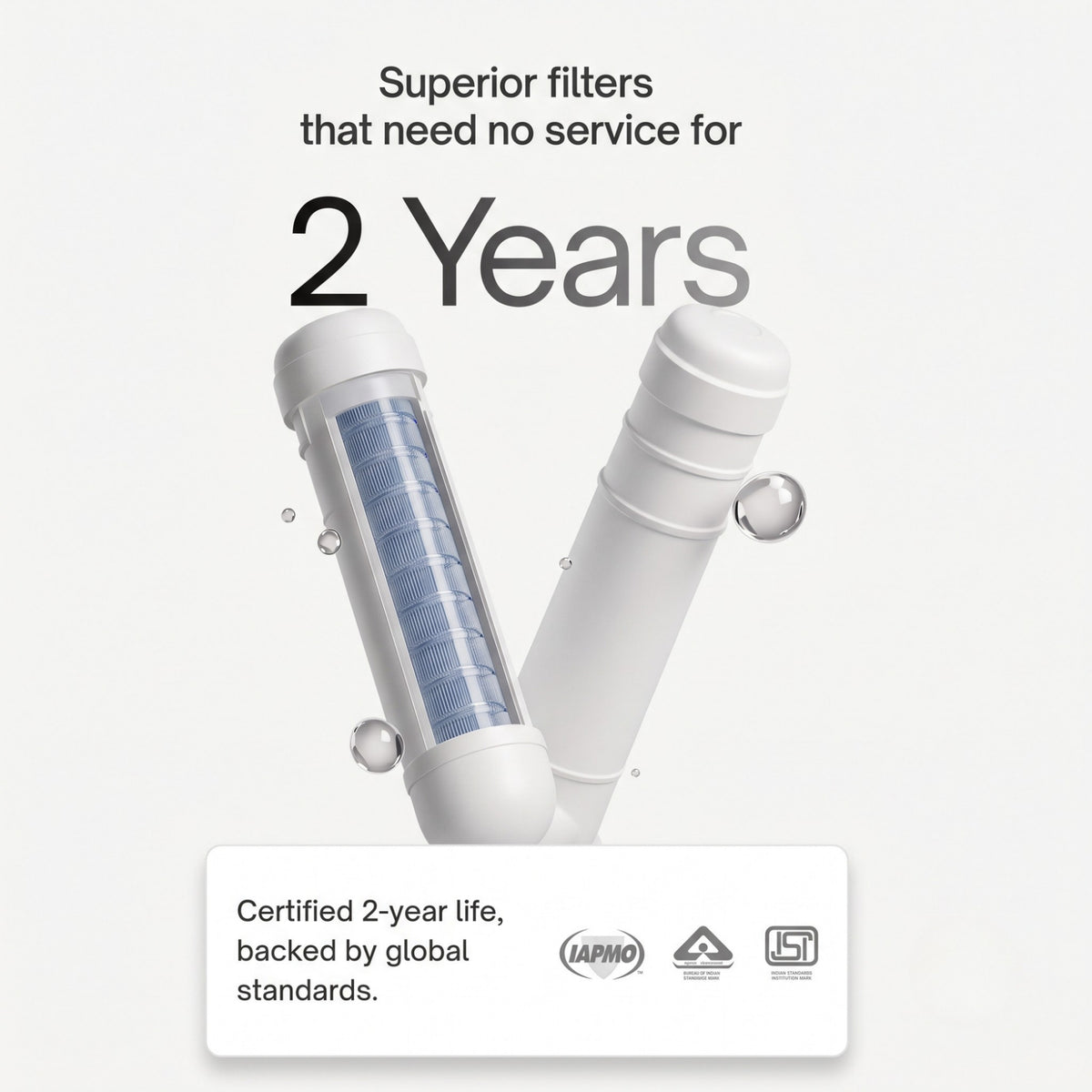 Globally certified Native M1 Pro water filters designed to last for 2 years without requiring any service or replacement.
