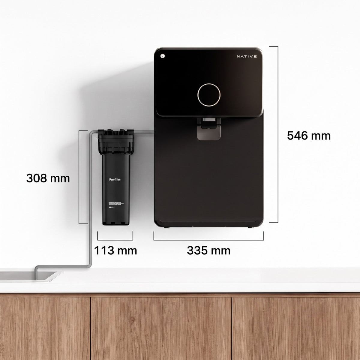 Exact dimensions and wall-mount installation guide for the Native M1 Pro main unit and its external pre-filter housing.