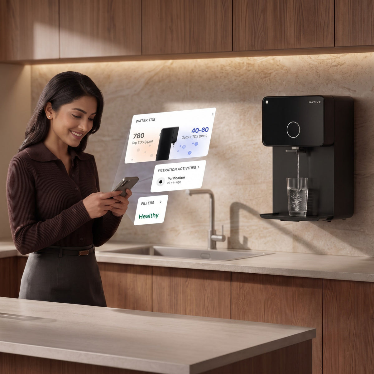 Woman in a modern modular kitchen using a smartphone app to monitor real-time water TDS levels from her wall-mounted Native M1 Pro.