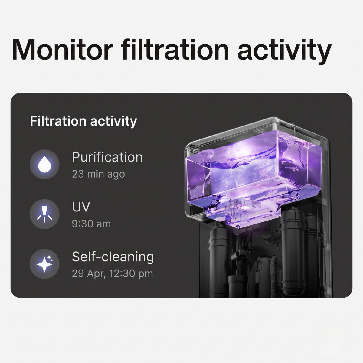 In-app filtration monitor highlighting real-time purification status, in-tank UV sterilization, and automated self-cleaning activity.