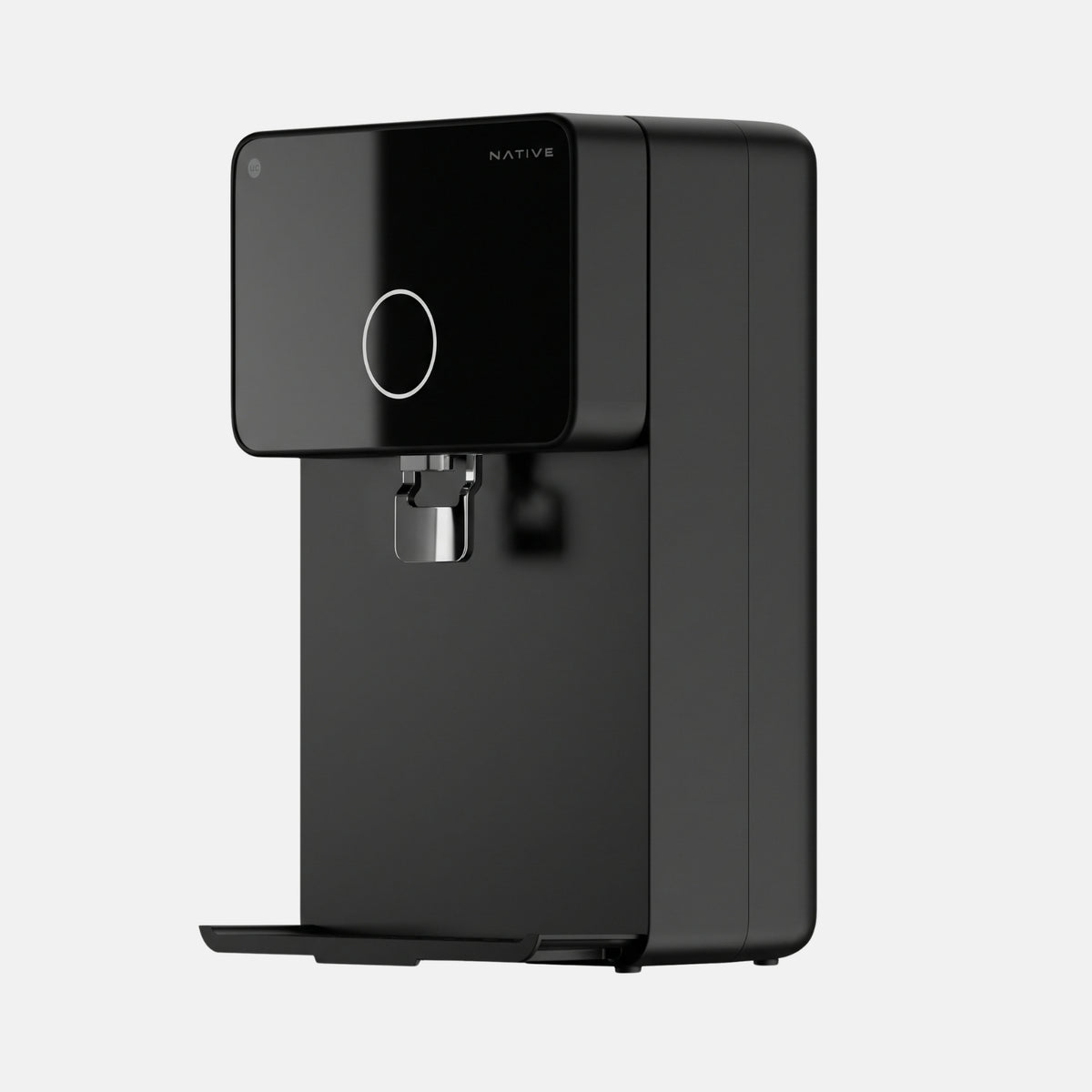 Front profile of the sleek, black Native M1 Pro RO water purifier, available online at Hardware Depot and offline at SS Hardware Bangalore.
