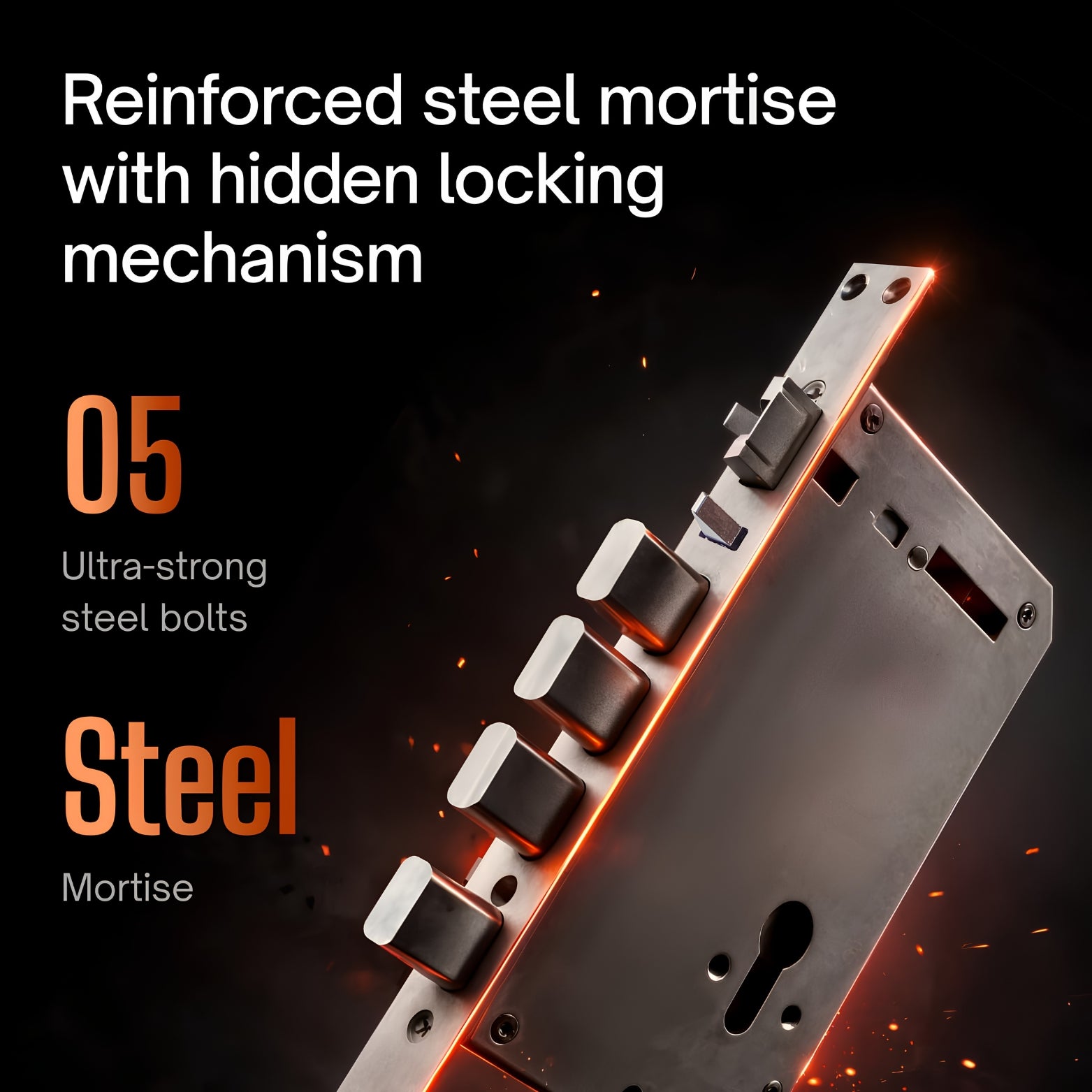 Close-up of a heavy-duty reinforced steel lock mortise featuring five ultra-strong deadbolts surrounded by cinematic sparks. Text on image reads: "Reinforced steel mortise with hidden locking mechanism. 05 Ultra-strong steel bolts. Steel Mortise