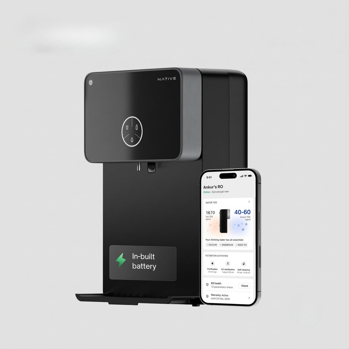 The Native water purifier unit highlighting its "In-built battery" feature, displayed next to a smartphone showing the companion app's water quality tracking dashboard.