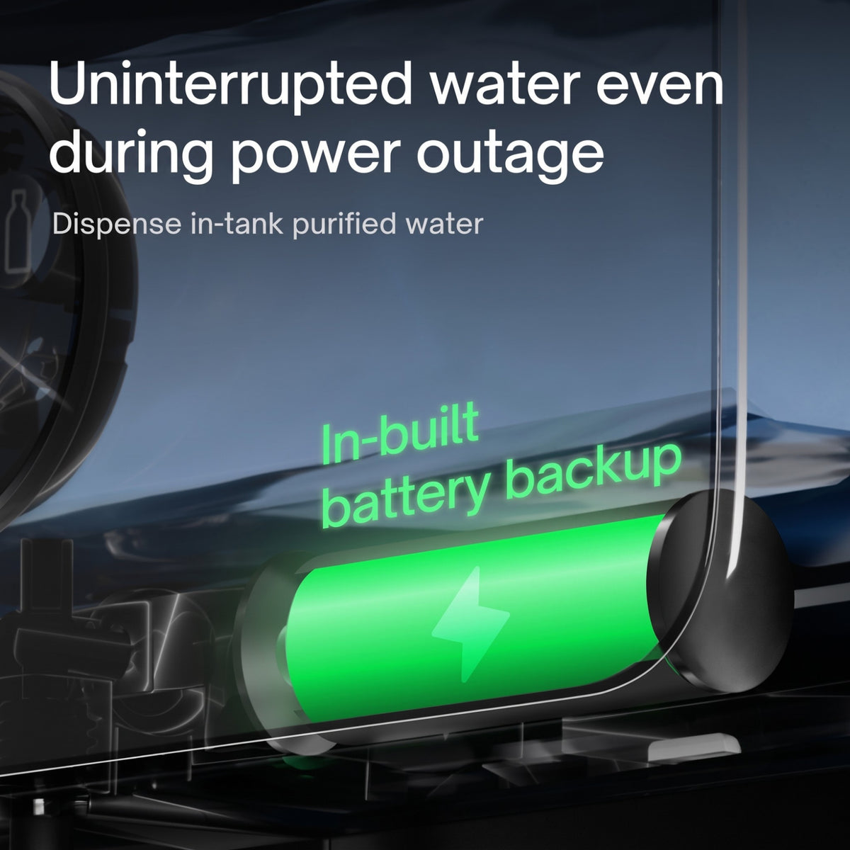 A close-up graphic of the purifier emphasizing "Uninterrupted water even during power outage" by highlighting its internal green "In-built battery backup" cylinder.
