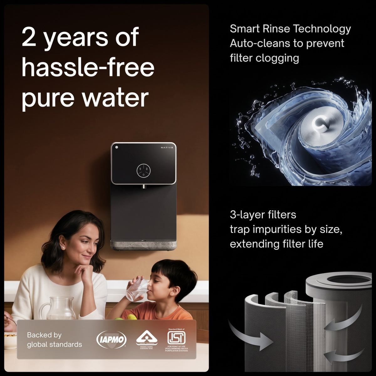 A promotional graphic highlighting "2 years of hassle-free pure water," featuring a mother and son, alongside details about its global standard certifications, Smart Rinse Technology, and 3-layer filters.