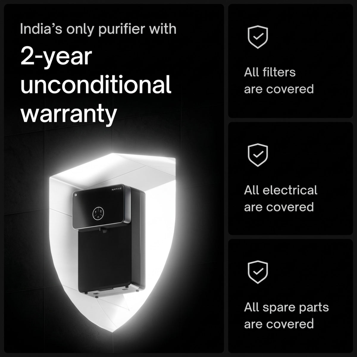 A promotional graphic displaying the Native water purifier protected inside a glowing shield alongside the text "India's only purifier with 2-year unconditional warranty," emphasizing that all filters, electrical components, and spare parts are fully covered.